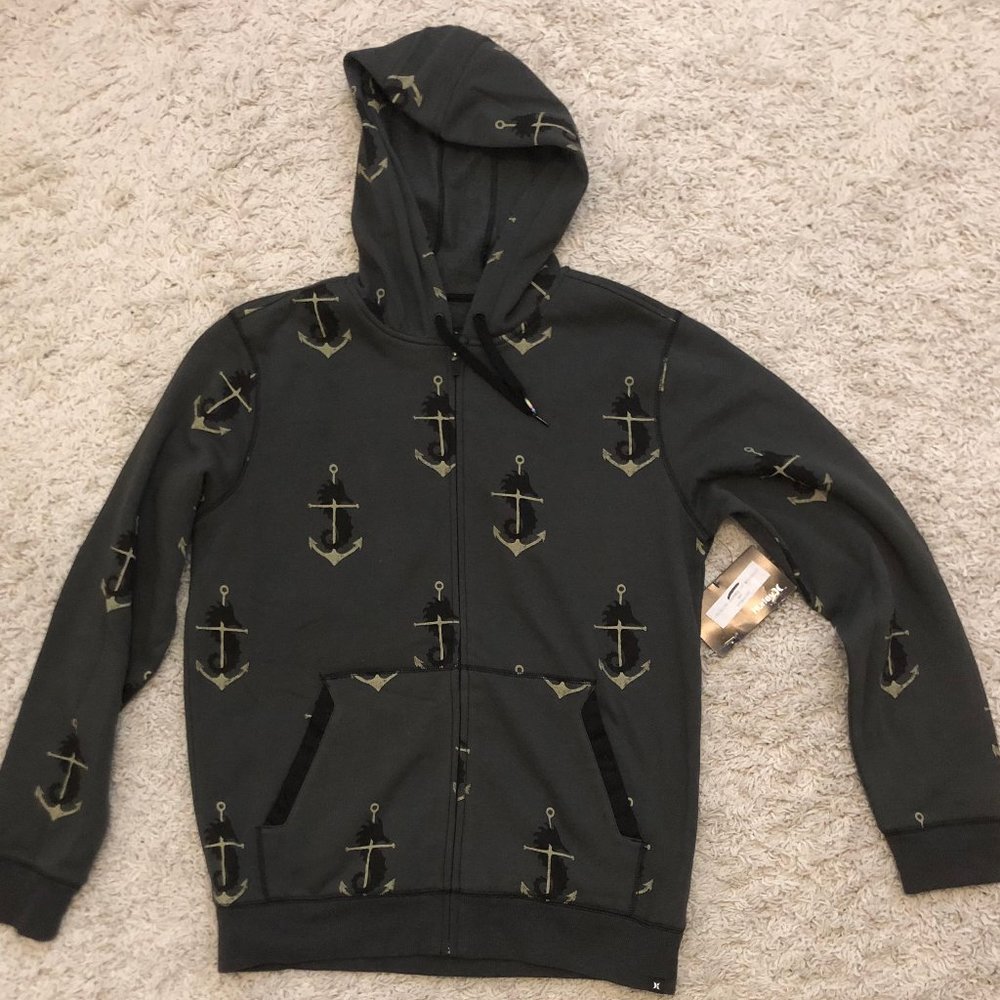 NEW w-tag MENS HURLEY Hoody ZipUp Sweatshirt Crew-MEDIUM- Nautical Boat Anchor